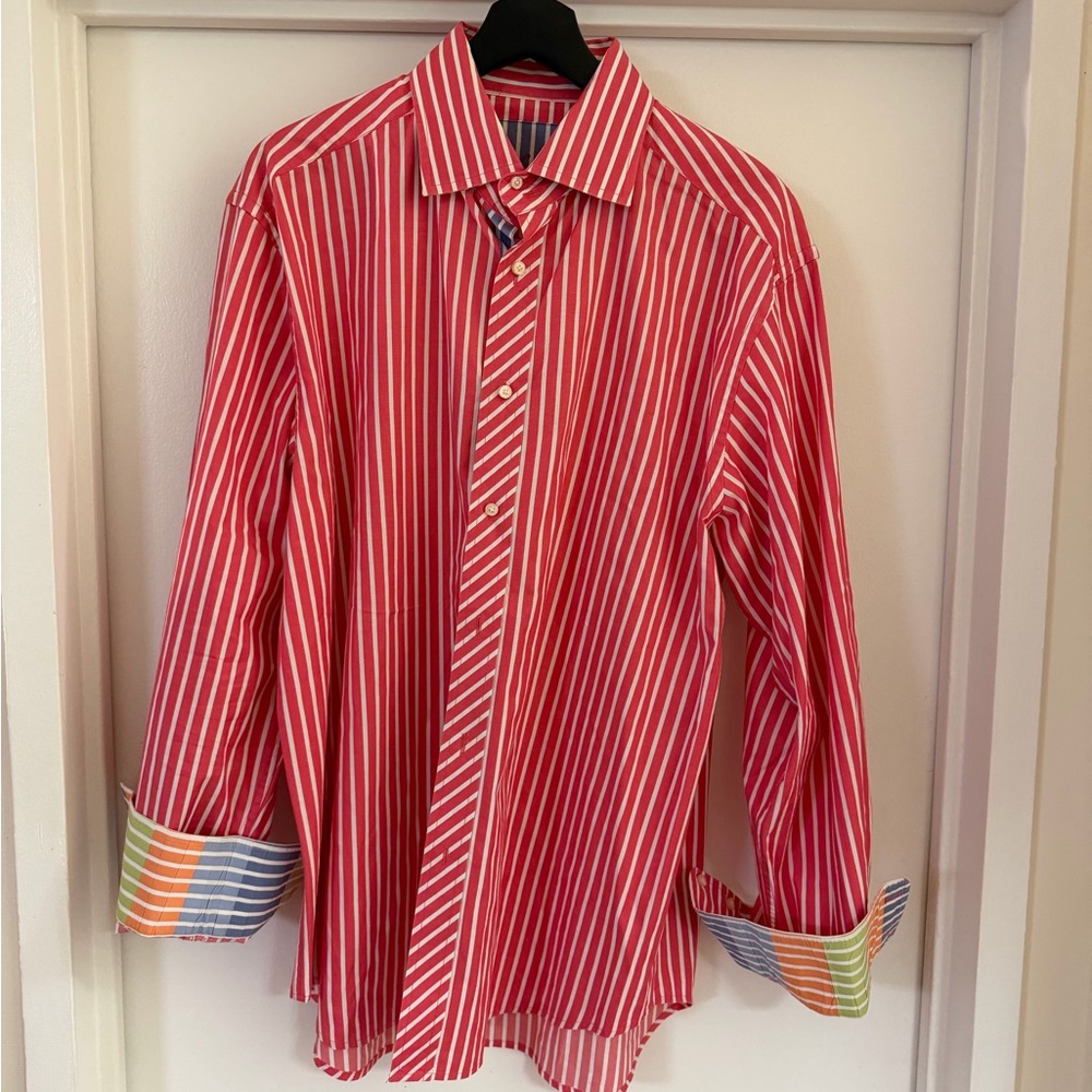 Robert Graham Men’s XL Striped Pink Cotton Flip Cuff Button Up